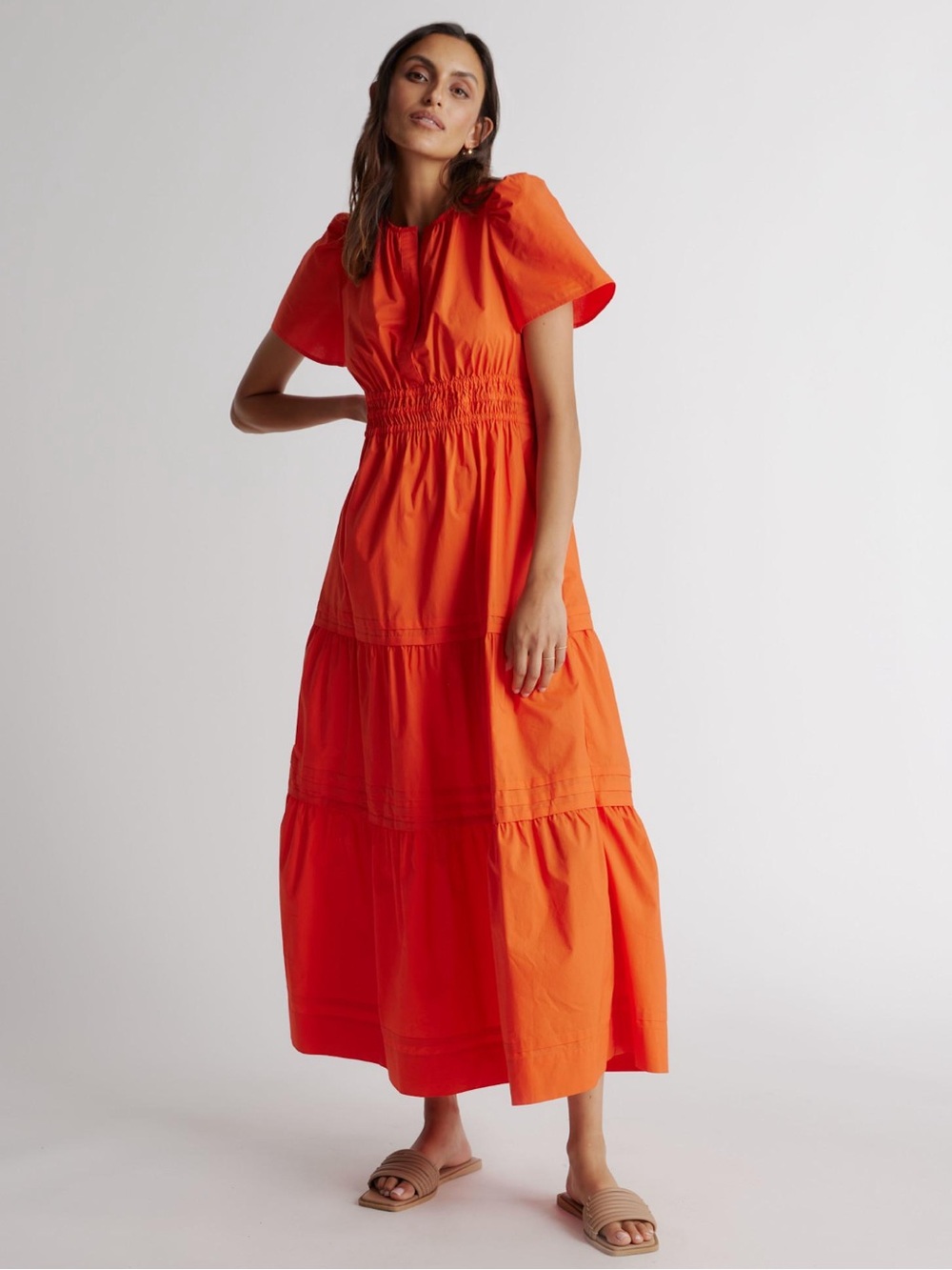 Quince 100% organic cotton tiered maxi dress vermillion red orange medium